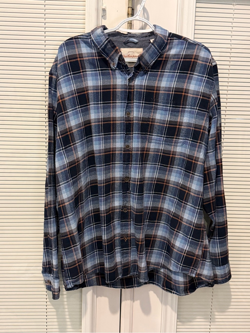 Weatherproof Vintage Men’s XXL Plaid Flannel Shirt Blue Navy Brown Button Down